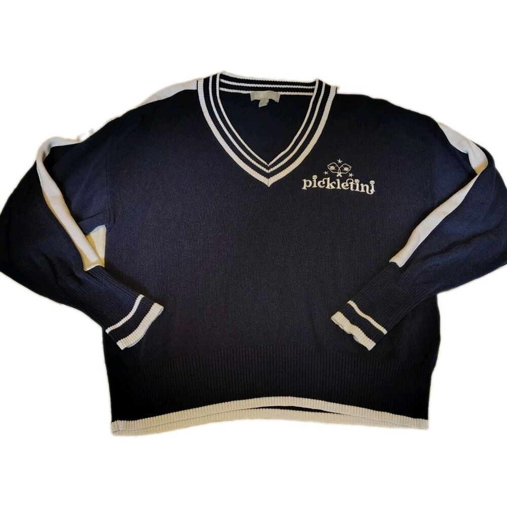Pickletini Audrey Varsity Pickleball V-Neck Sweater Navy Blue Medium
